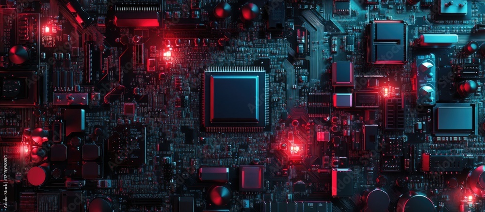Poster Close-up of a computer CPU processor chip on a circuit board with dramatic red and blue lighting effects showcasing modern technology.