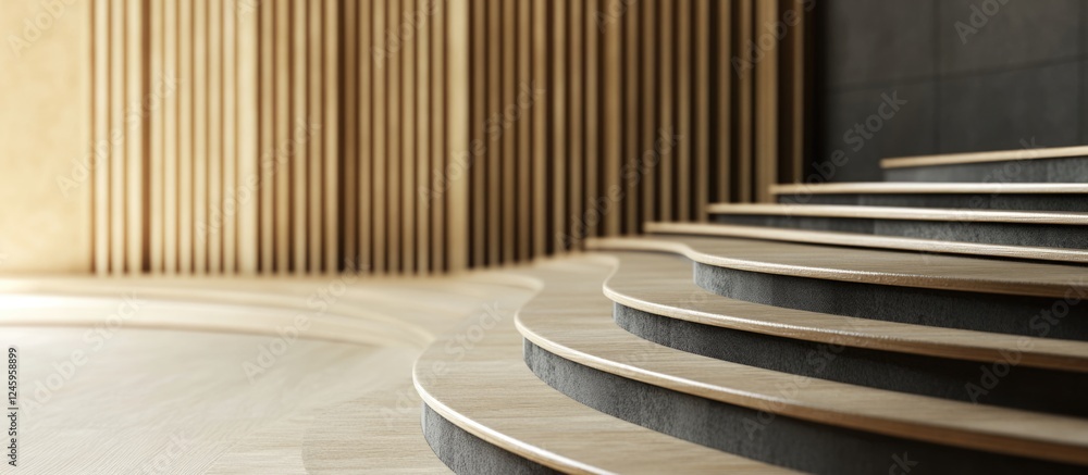 Poster Curved wooden steps leading to an empty stage area with a modern backdrop ready for text insertion