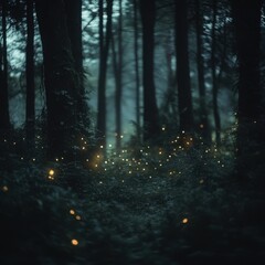 Dark forest scene illuminated by glowing fireflies with zen papaya plants in the foreground
