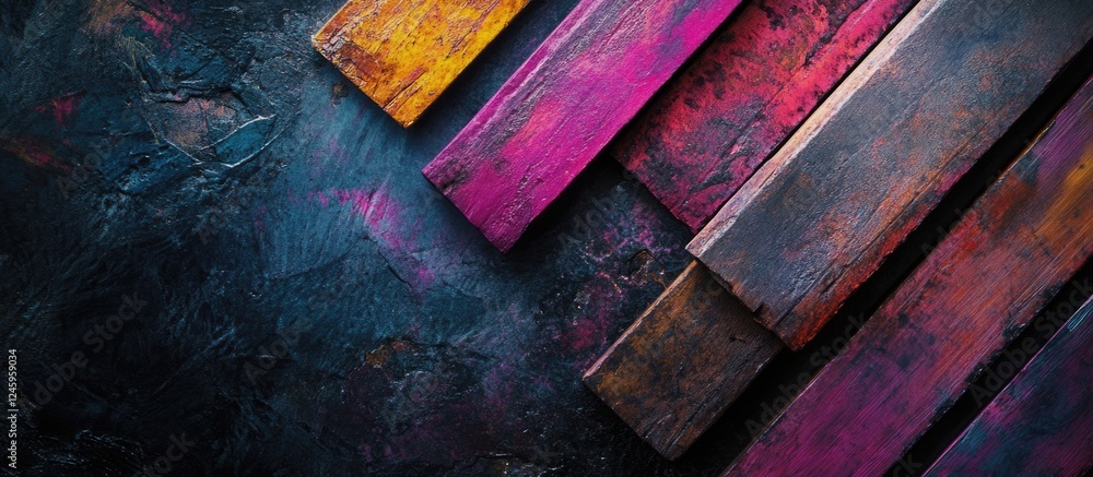 Aufkleber Vibrant colored pencils arranged on a dark textured background with ample empty space for creative text insertion.