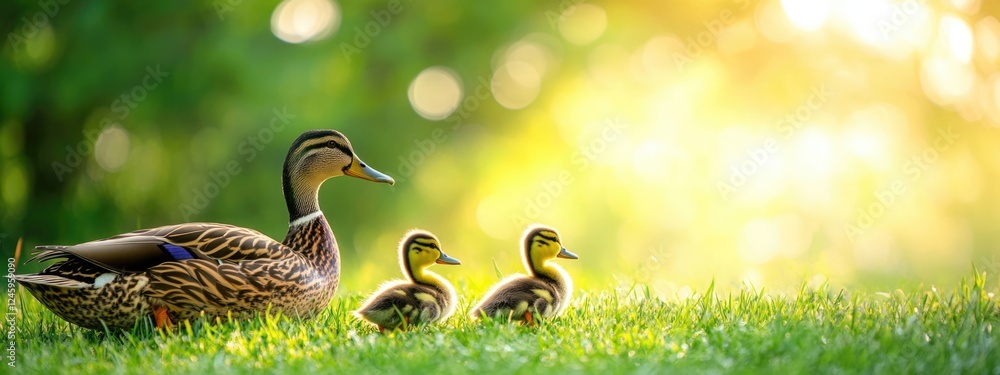 Poster duck family resting in lush green meadow with soft natural light and space for text addition