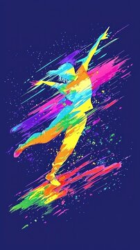 Colorful dancer leaps, vibrant background, action shot, design element