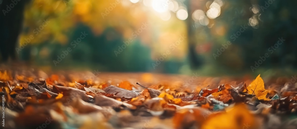 Poster vibrant autumn foliage covering the forest floor with soft focus background and ample space for text