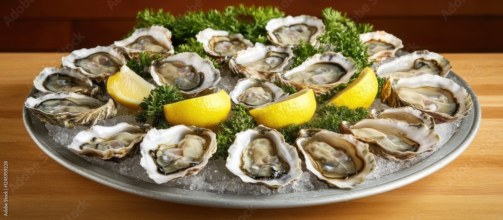 Aufkleber seafood oysters served on ice with lemon wedges and fresh greenery ideal for culinary presentations 