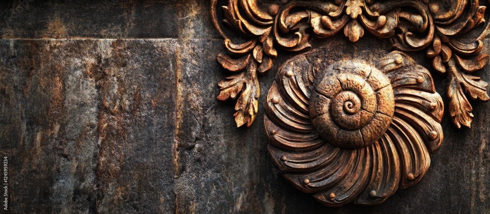 Poster ancient stone ornament with ammonite shell on textured wall detailed mockup with copy space for crea