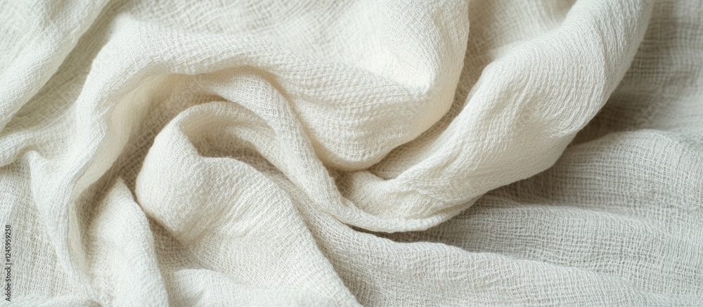 Poster Crumpled white cotton fabric texture with soft folds creating a natural and elegant background for design and textile applications.