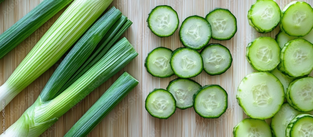 Poster freshly cut cucumbers and leeks arranged in a vibrant pattern showcasing healthy summer produce for 