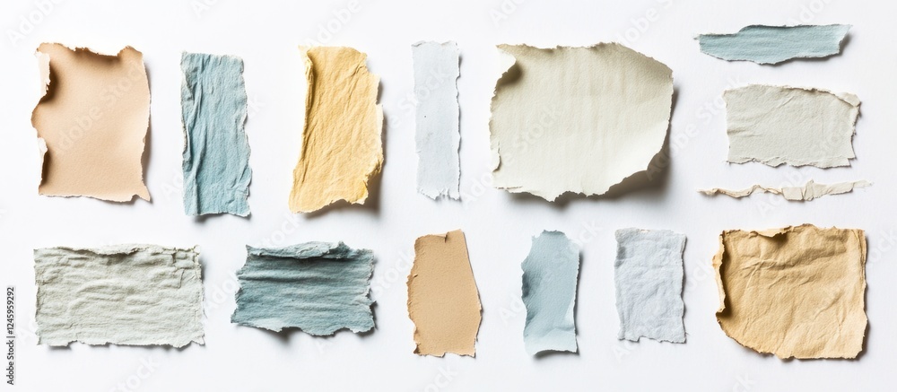 Poster Torn paper texture collection in various colors isolated on a white background for design and artistic applications.
