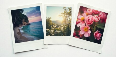 Overlapping old and new polaroid photo frames, white background , element, clean, close up