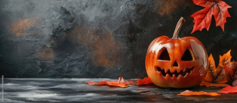 Aufkleber spooky halloween pumpkin with carved face surrounded by autumn leaves on dark textured background wi