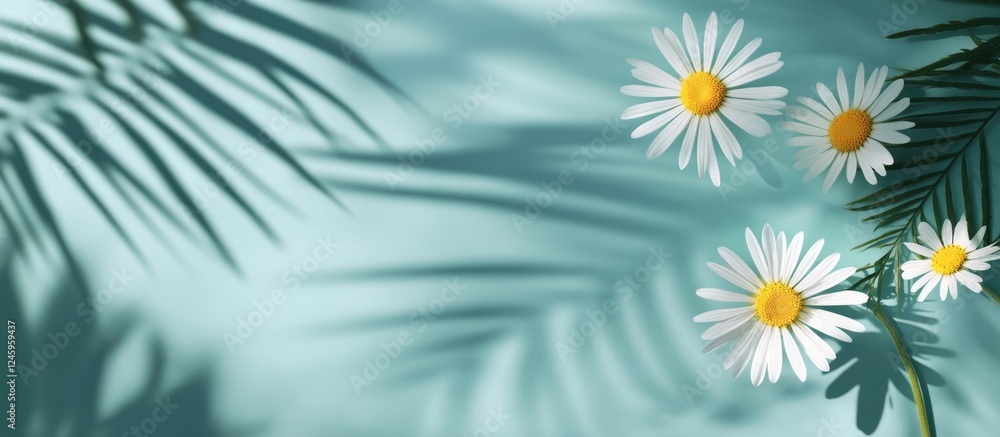 Poster minimalistic digital media marketing background featuring palm leaf shadows and chamomile flowers wi