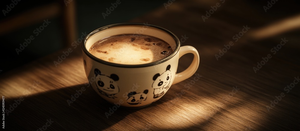 Poster Panda patterned coffee cup on wooden table illuminated by soft light against a dark backdrop creating a cozy atmosphere.