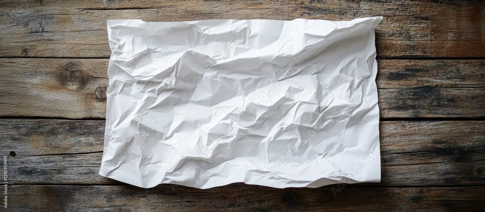Aufkleber Textured crumpled white paper sheet resting on a rustic wooden surface creating a visually appealing contrast in natural tones.