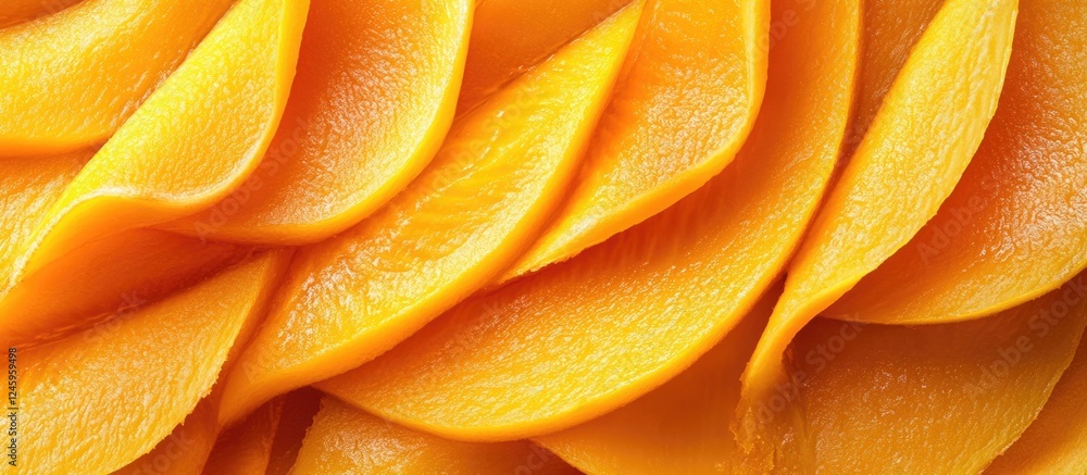 Poster dried mango slices arranged in a layered pattern on a clean white background showcasing their vibran