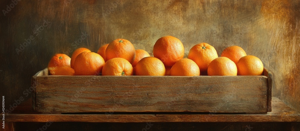Aufkleber freshly picked oranges arranged neatly in a rustic wooden box on a textured background showcasing vi