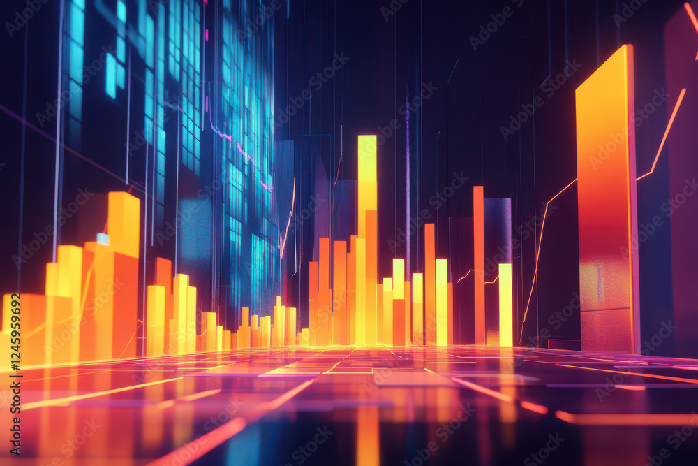 Poster vibrant 3d visualization of financial data with glowing bar graphs and digital elements, representin