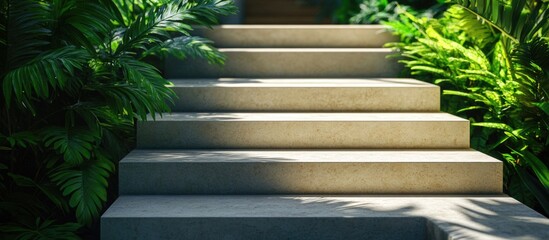 Concrete steps leading through lush greenery creating a serene and inviting walkway in a natural setting.