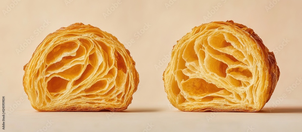 Poster croissant halved displaying layered flaky texture and golden interior against a soft neutral backgro