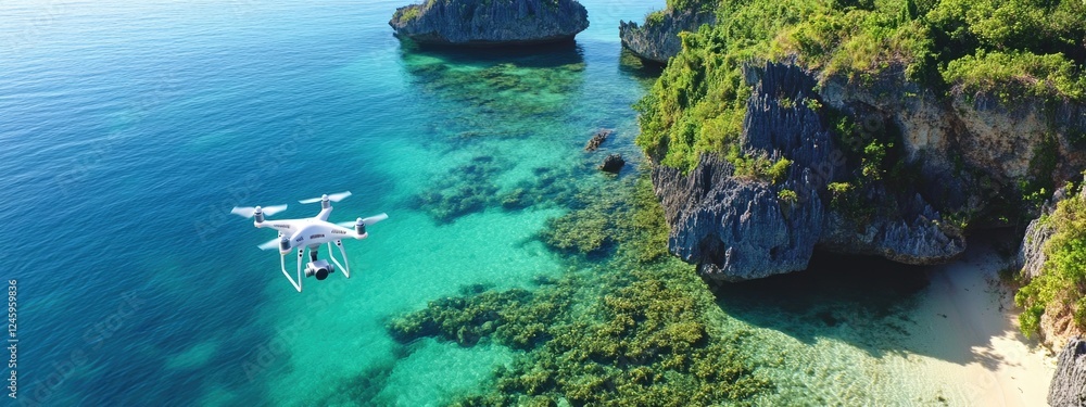 Poster aerial view of a drone flying over a pristine island in turquoise waters with clear skies and ample 