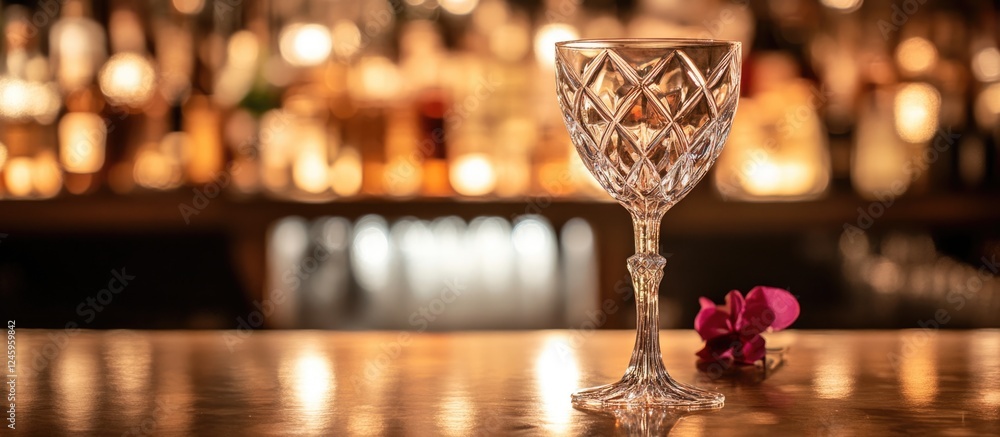 Poster Elegant crystal wine glass on a bar counter with warm ambient lighting and a flower accent in a sophisticated setting