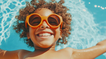 Naklejka premium Happy Child with Orange Glasses Enjoying a Pool Day, Joyful Summer Vibe