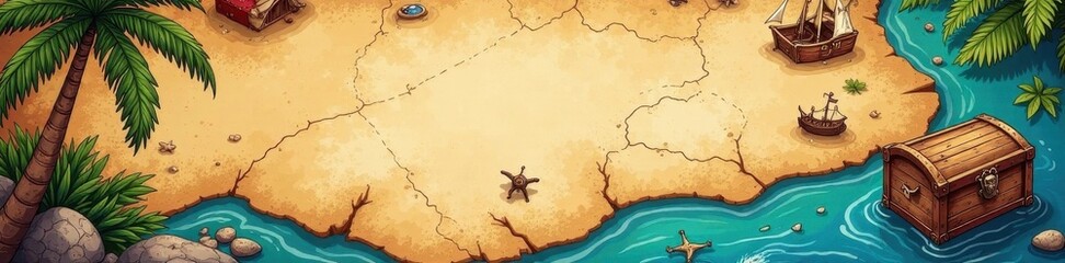 Hand-drawn vector map with pirate symbols, treasure chest , jewels, map, artwork
