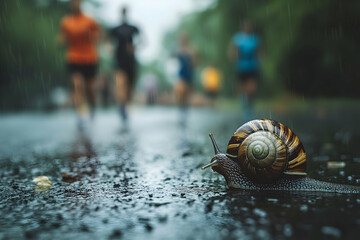 Snail crawling on wet road with blurred runners in background