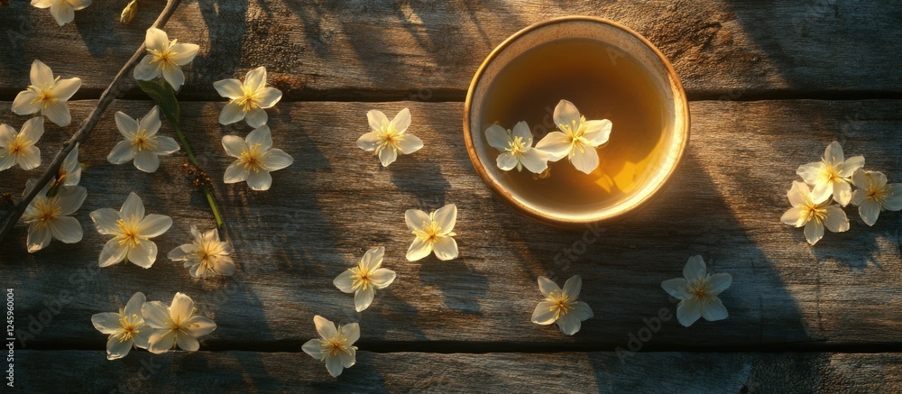 Poster jasmine tea cup surrounded by yellow flowers on a rustic wooden table creating a serene and tranquil