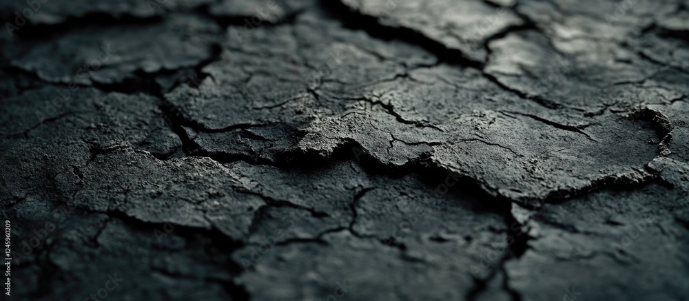 Poster Cracked concrete texture with a dark, weathered surface showcasing intricate patterns and rough details ideal for backgrounds and designs.