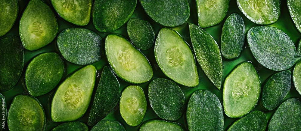 Aufkleber fresh cucumber slices creating a vibrant green textured background ideal for food-related designs or