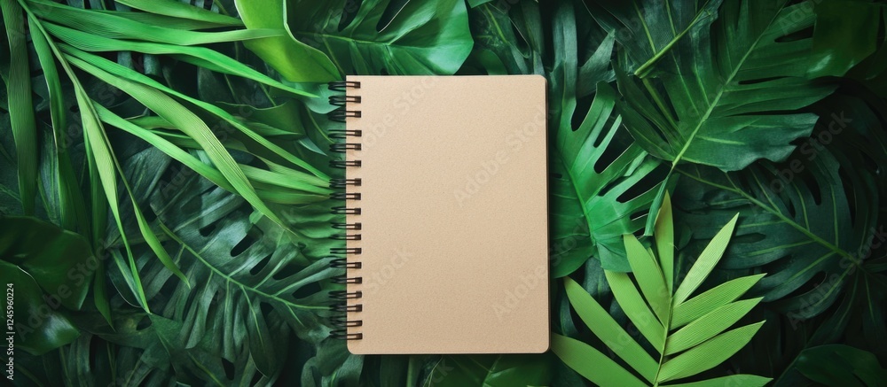 Poster Concept summer notepad on palm leaves flat lay background with empty space for text in a vertical layout for seasonal designs and promotions