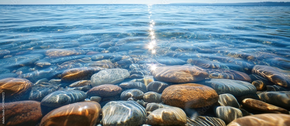 Aufkleber Serene crystal clear ocean waters reflecting sunlight over smooth pebbles and rocks beneath the surface creating a tranquil coastal scene