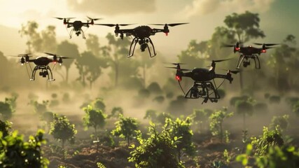 Video of drones flying over agricultural fields shooting video. Useful for advertising drones, agricultural technologies, presentations about innovations in agro-industry.
