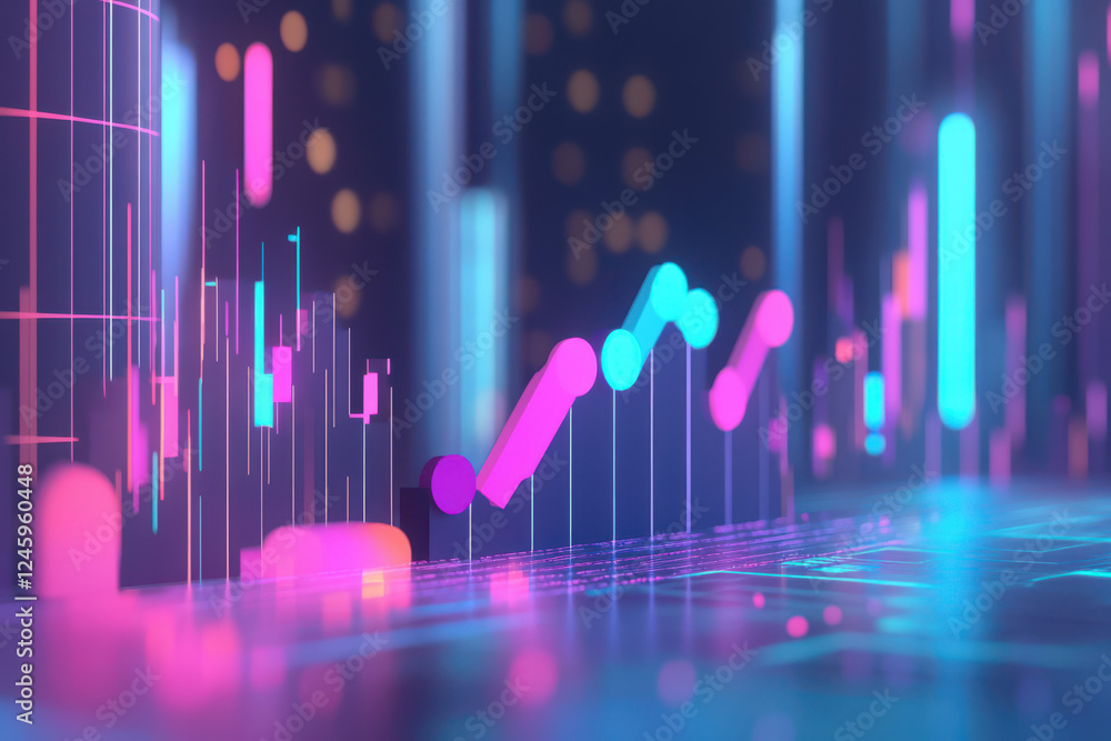 Poster visual representation of financial data with colorful graphs and charts, showcasing growth and trend