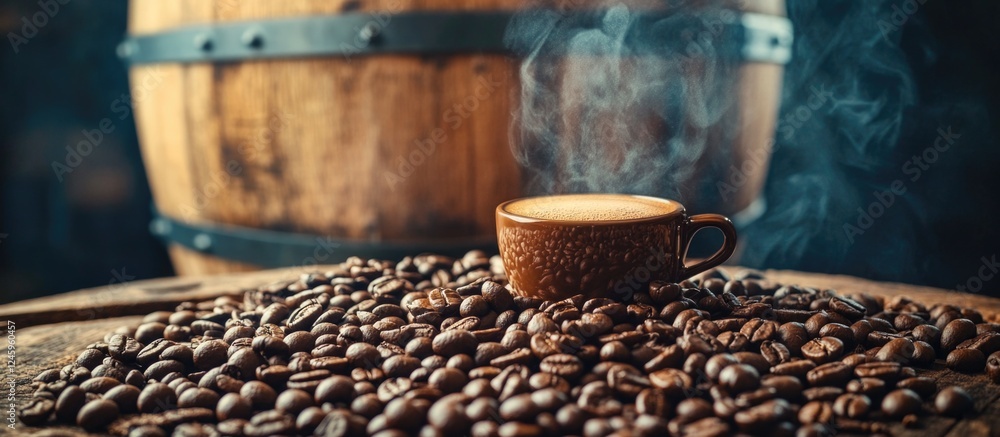 Poster Coffee cup surrounded by roasted beans on wooden surface with barrel in background creating a rustic atmosphere perfect for coffee lovers.