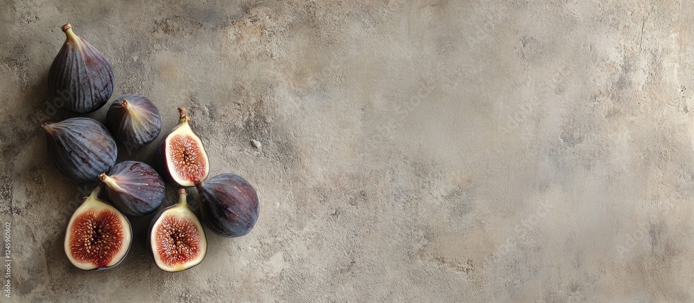 Poster Whole and sliced figs arranged on a textured background showcasing a minimal composition with ample copy space in vertical orientation.