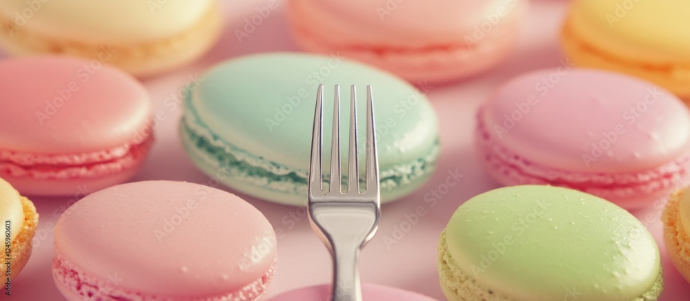 Poster Colorful macarons arranged in a circular pattern with a dessert fork showcasing vibrant pastel colors on a soft background.