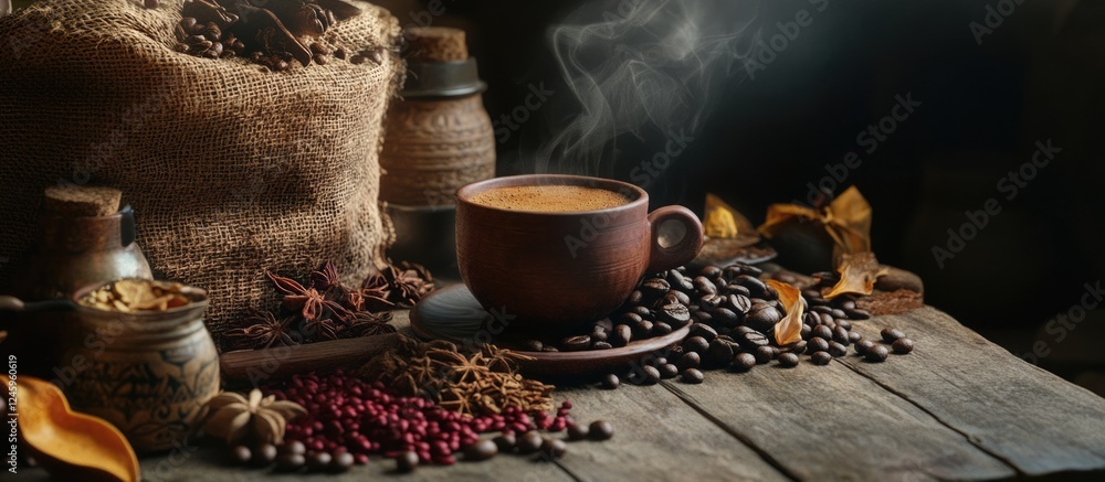 Poster cozy workspace with steaming coffee cup surrounded by aromatic coffee beans and spices on rustic woo