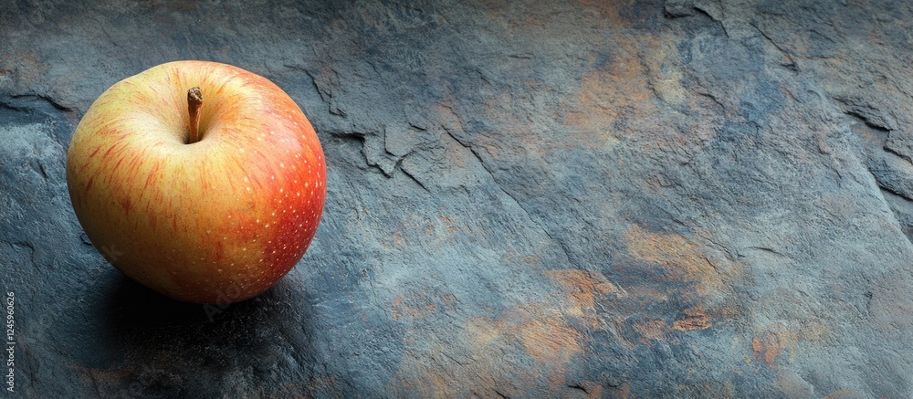 Poster Stone apple sculpture on a textured surface with ample space for personalized text or branding overlay in a minimalist design.