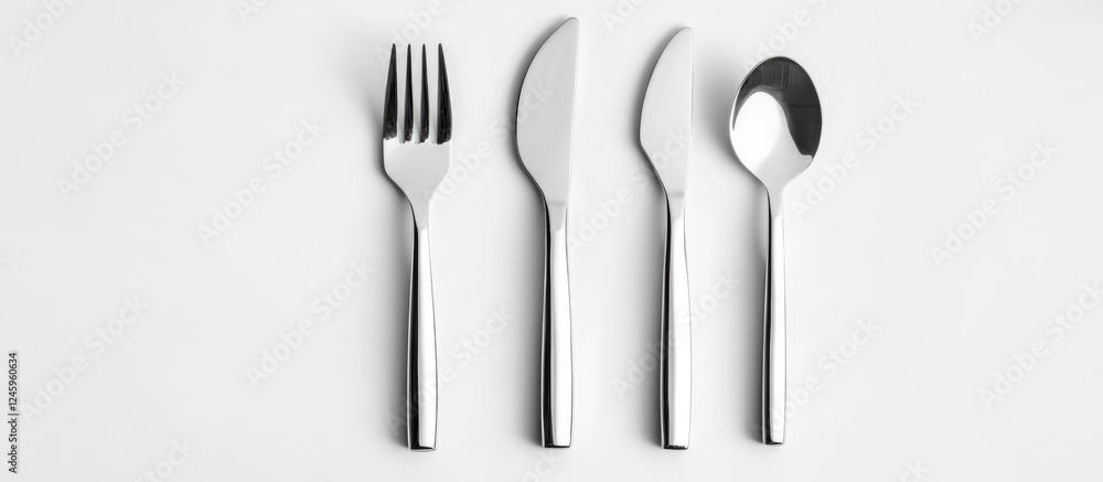 Poster cutlery set arrangement with fork knife spoon and napkin for elegant dining table mockup top view on