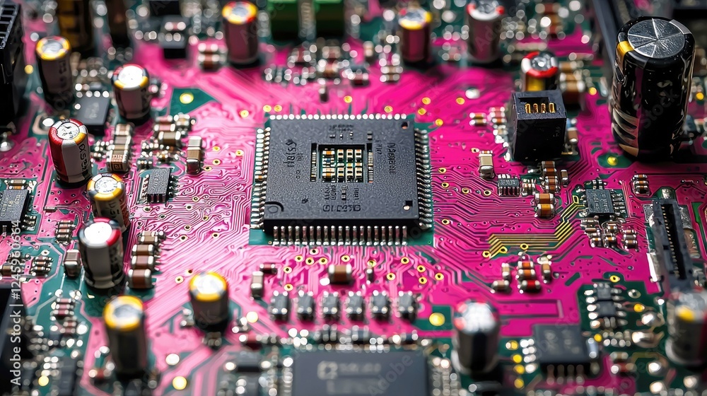 Poster close-up of a pink circuit board: exploring the intricate details of modern electronics