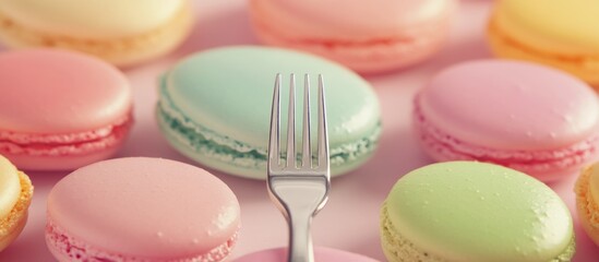 Colorful macarons arranged in a circular pattern with a dessert fork showcasing vibrant pastel colors on a soft background.