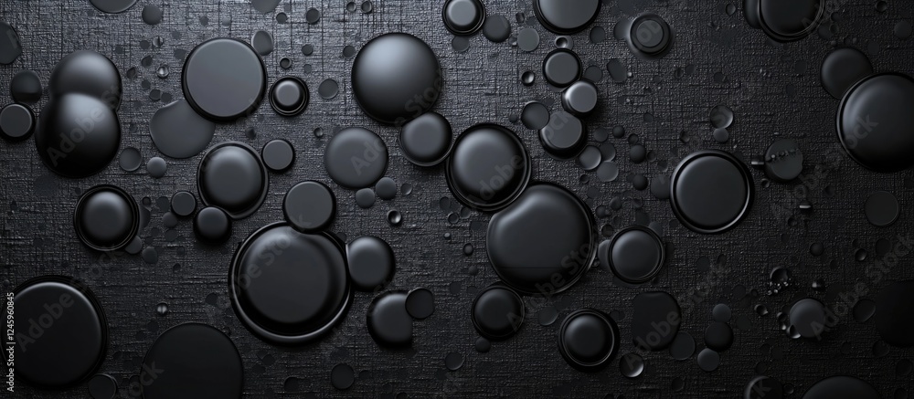 Poster Black shiny abstract texture featuring various spherical elements and water droplets for modern design applications.