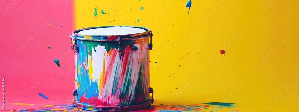 Poster colorful paint splashes from drum creating abstract patterns with empty space for creative text or p