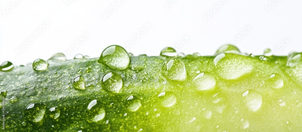 Poster close-up of fresh cucumber skin with water droplets on a white background showcasing its texture and