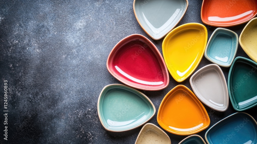 Aufkleber colorful assorted triangular plates arranged artistically on a textured background with ample copy s
