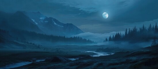 Fototapeta premium Misty mountain landscape under the dusky moon with serene ambiance and ample space for text inclusion