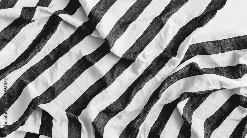 Poster rumpled black and white striped bed linens creating a textured backdrop with ample copy space for te