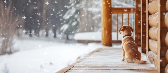Cozy Wooden Porch with Dog in Winter Snow Featuring Empty Space for Custom Text