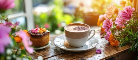 Fototapeta premium Turkish coffee and dessert on a rustic wooden table surrounded by vibrant flowers in a cozy cafe setting